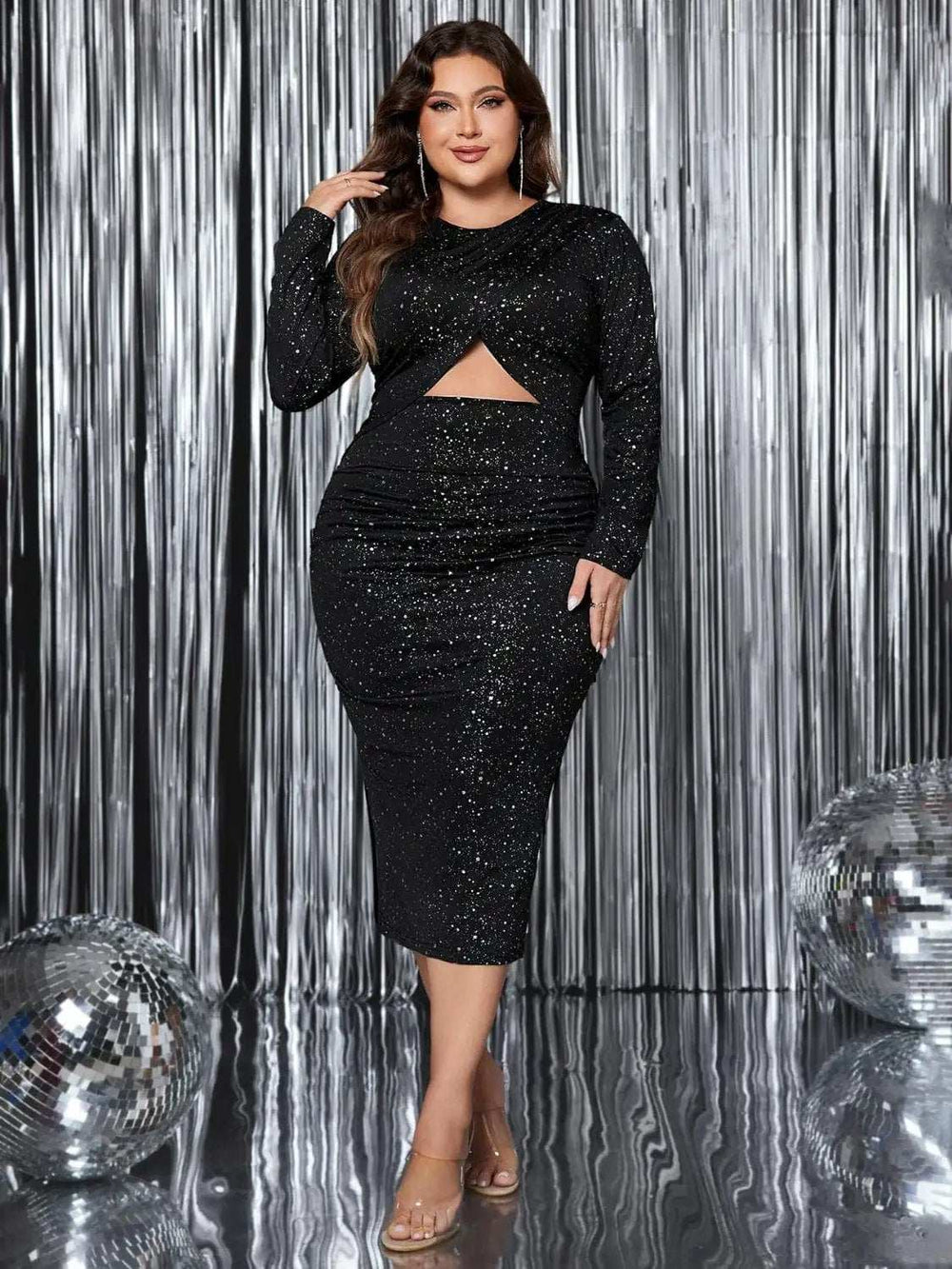 Plus Size Cutout Slit Round Neck Long Sleeve Dress - Trendsi - Flyclothing LLC