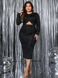 Plus Size Cutout Slit Round Neck Long Sleeve Dress - Trendsi - Flyclothing LLC