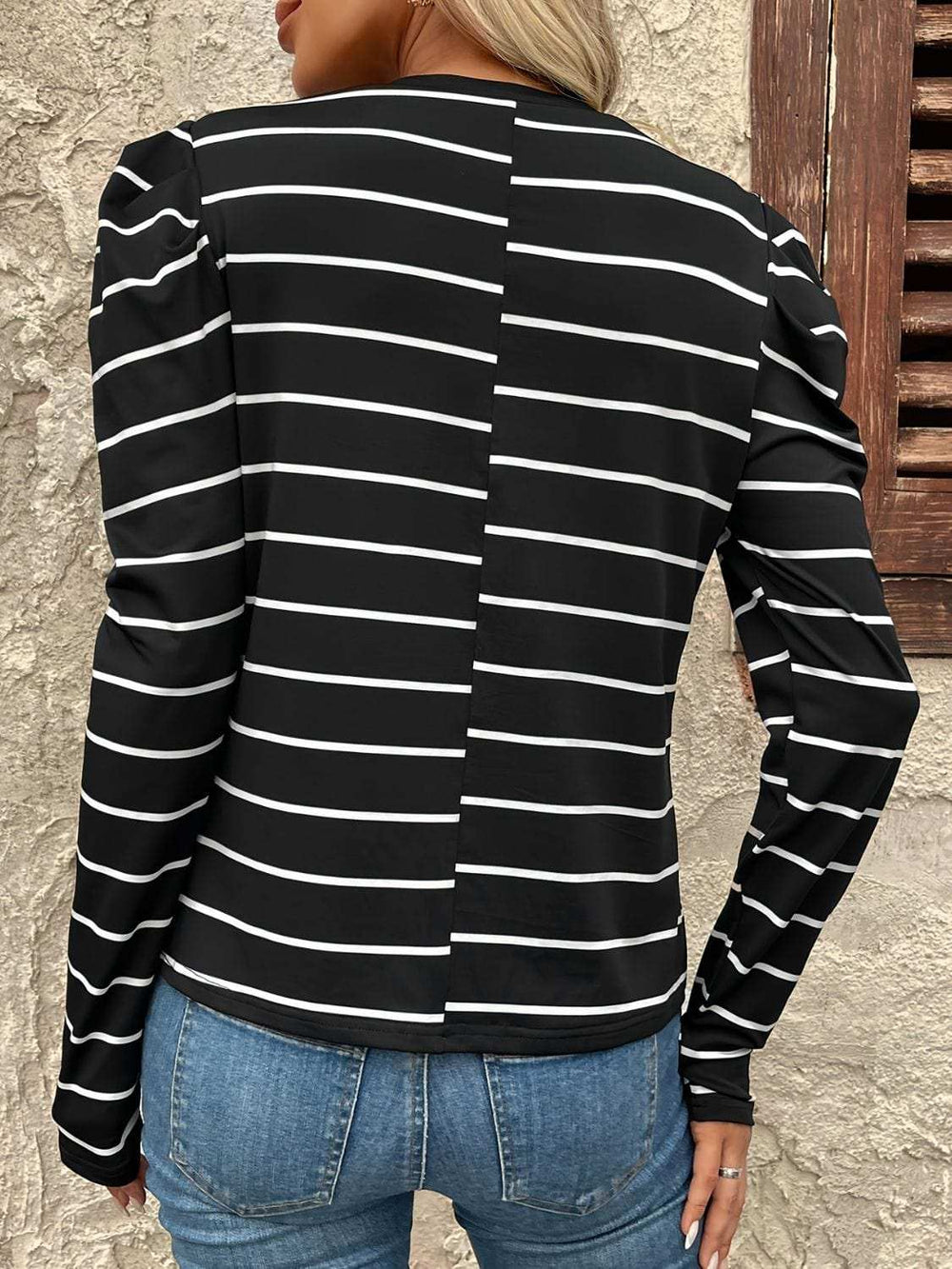 Full Size Striped Round Neck Puff Sleeve T-Shirt - Trendsi - Flyclothing LLC