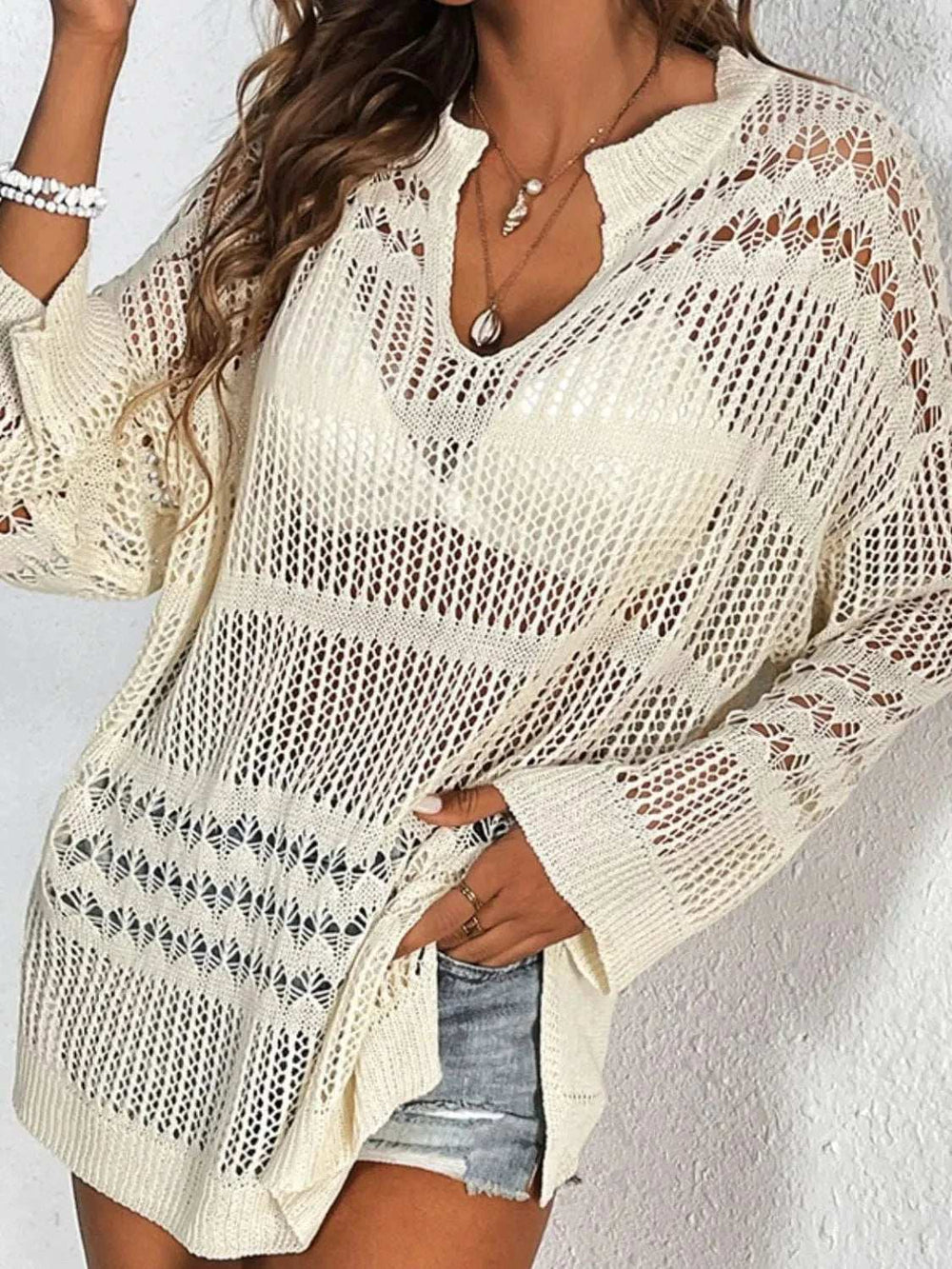 Openwork Notched Long Sleeve Knit Cover Up - Trendsi - Flyclothing LLC