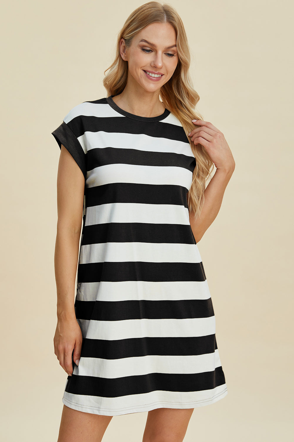 Basic Bae Full Size Striped Round Neck Cap Sleeve Mini Dress - ShopBasicbae - Flyclothing LLC
