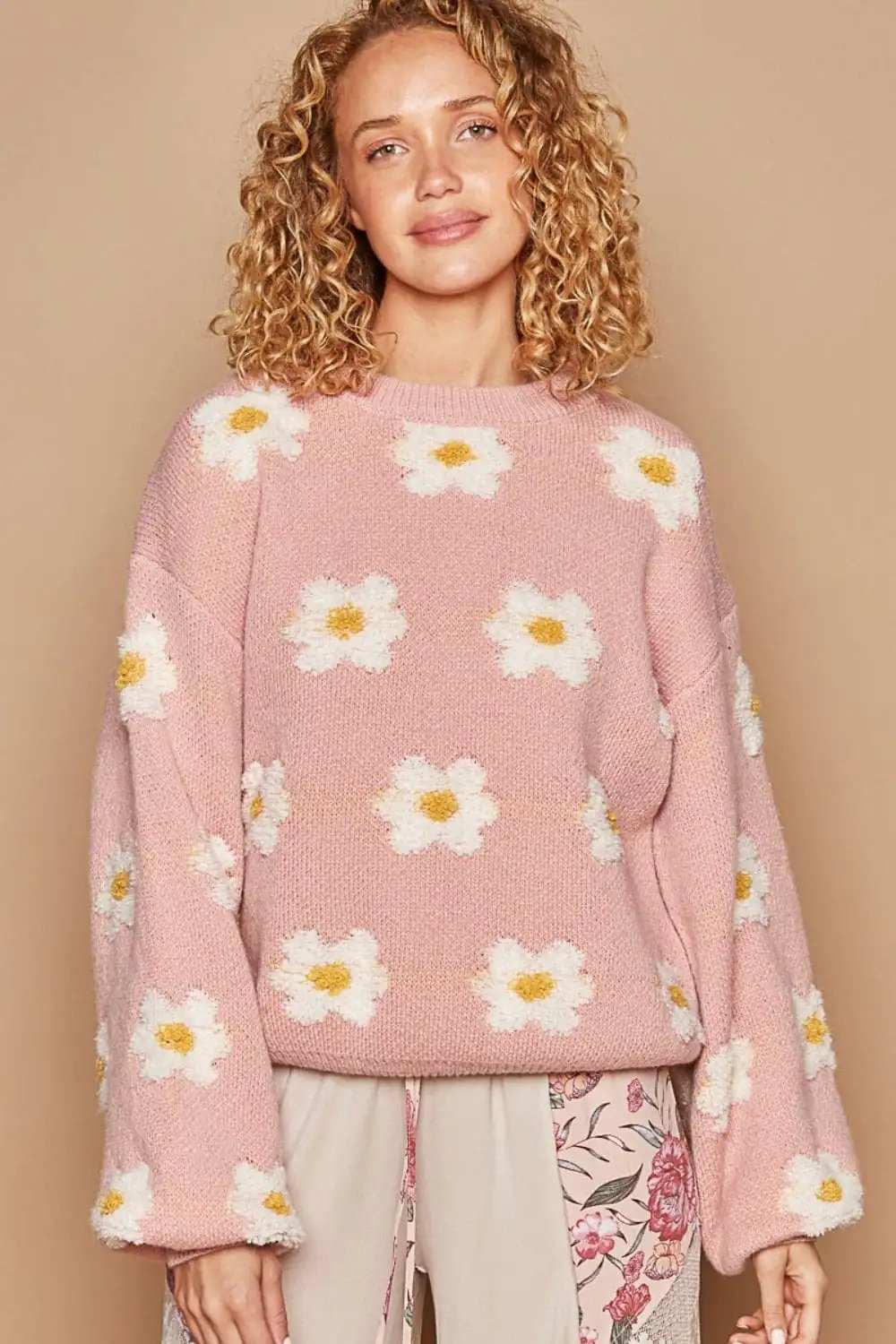 POL Daisy Pattern Drop Shoulder Sweater - Trendsi - Flyclothing LLC