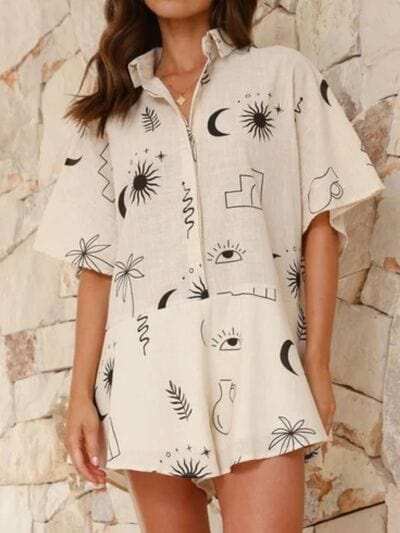 Printed Collared Neck Half Sleeve Romper - Trendsi - Flyclothing LLC