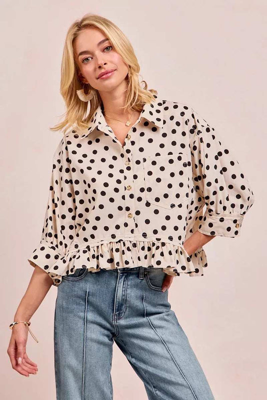 BiBi Polka Dot Printed Peplum Top with Front Button - Trendsi - Flyclothing LLC