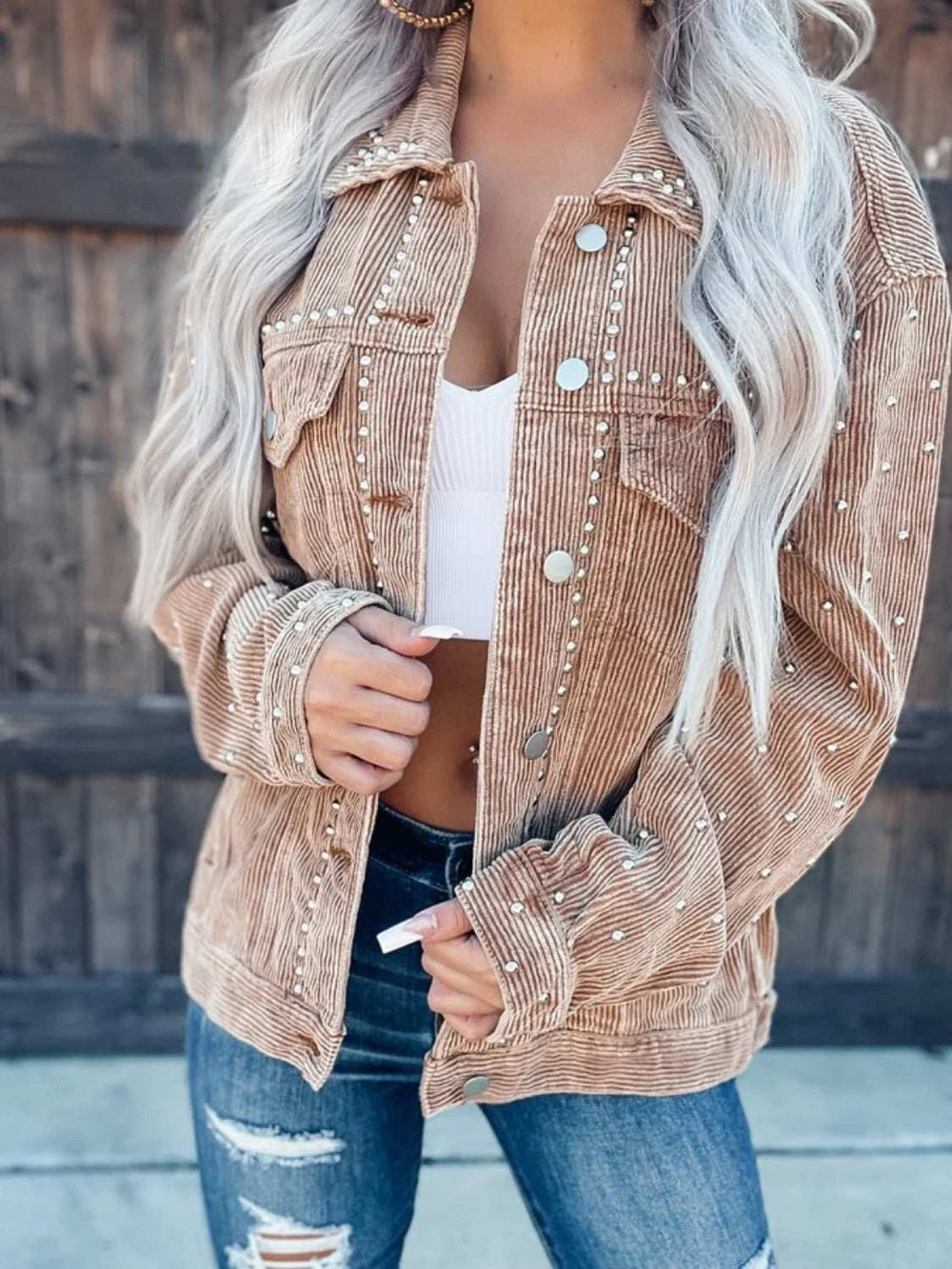 Studded Collared Neck Button Down Jacket - Trendsi - Flyclothing LLC