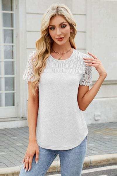 Smocked Round Neck Short Sleeve T-Shirt - Trendsi - Flyclothing LLC