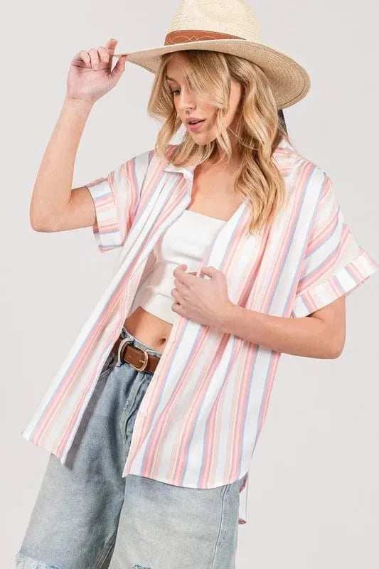 SAGE+FIG Full Size Multi Stripe Button Down Short Sleeve Shirt Plus Size - Trendsi - Flyclothing LLC