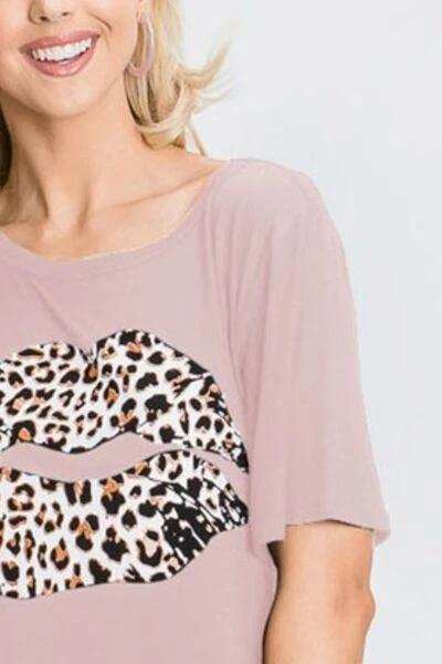 Heimish Full Size Leopard Lip Round Neck Short Sleeve T-Shirt Plus Size - Trendsi - Flyclothing LLC
