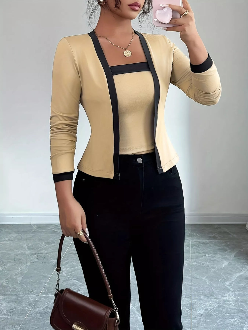 Contrast Trim Long Sleeve Top - Trendsi - Flyclothing LLC