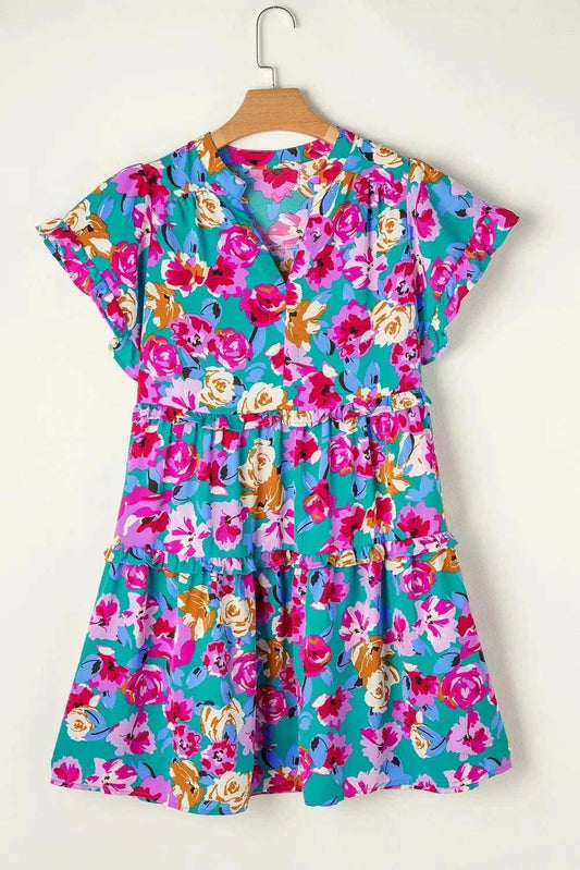 Ruffled Printed Notched Short Sleeve Mini Dress - Trendsi - Flyclothing LLC
