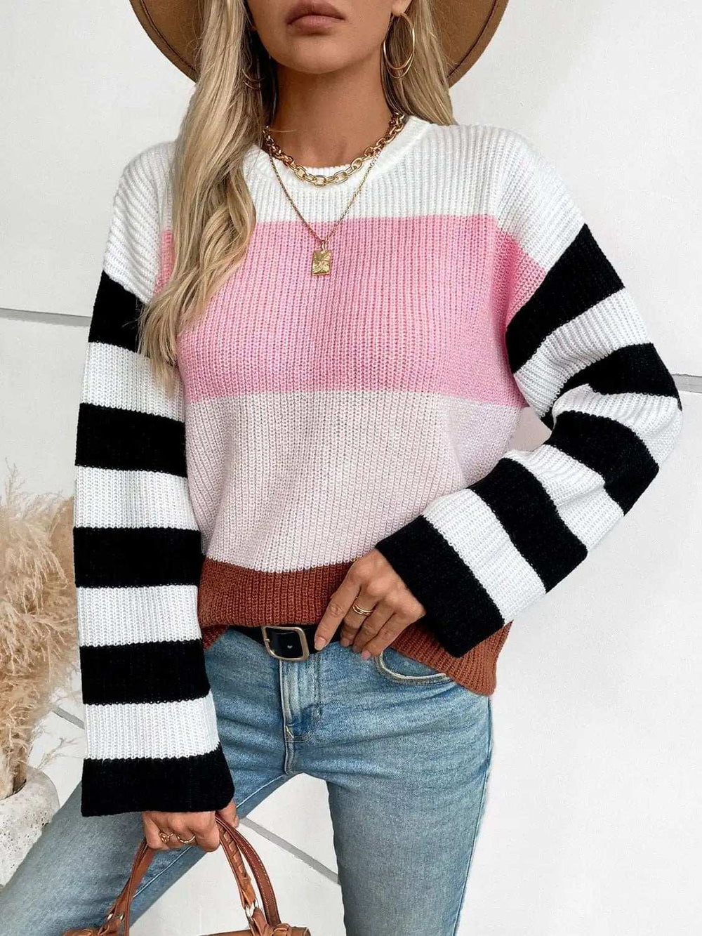 Color Block Round Neck Long Sleeve Sweater - Trendsi - Flyclothing LLC
