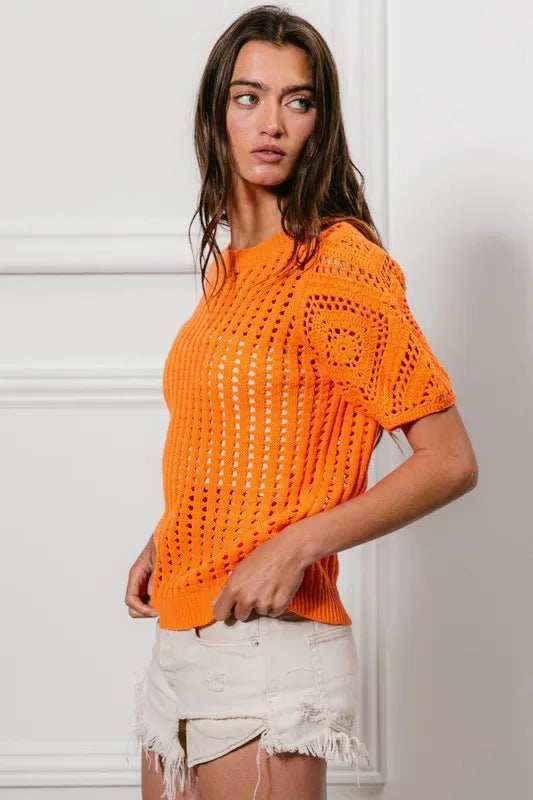 BiBi Crochet Knit Cover Up With Puff Sleeves - Trendsi - Flyclothing LLC