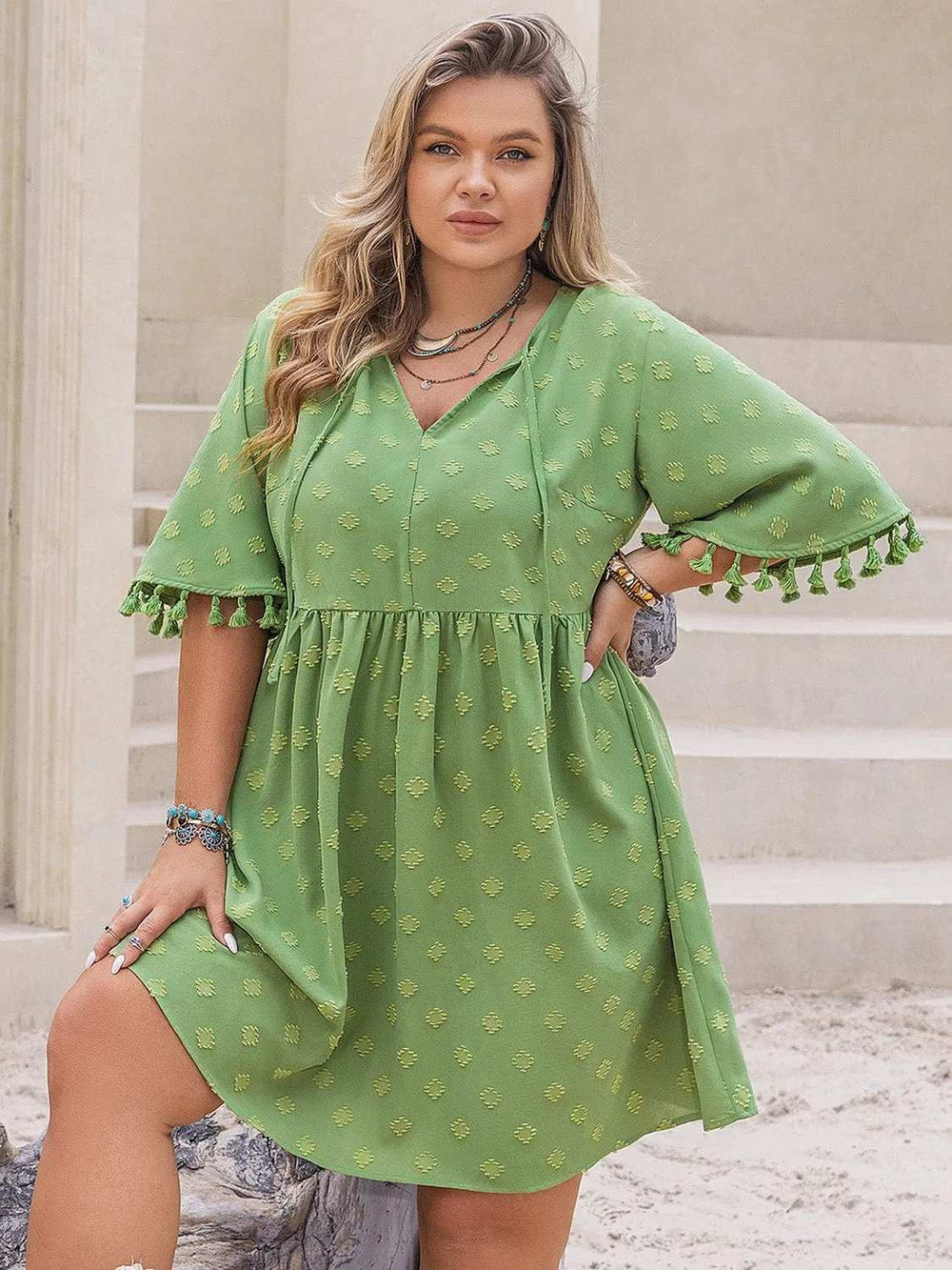 Plus Size Tied Tassel Half Sleeve Mini Dress - Trendsi - Flyclothing LLC