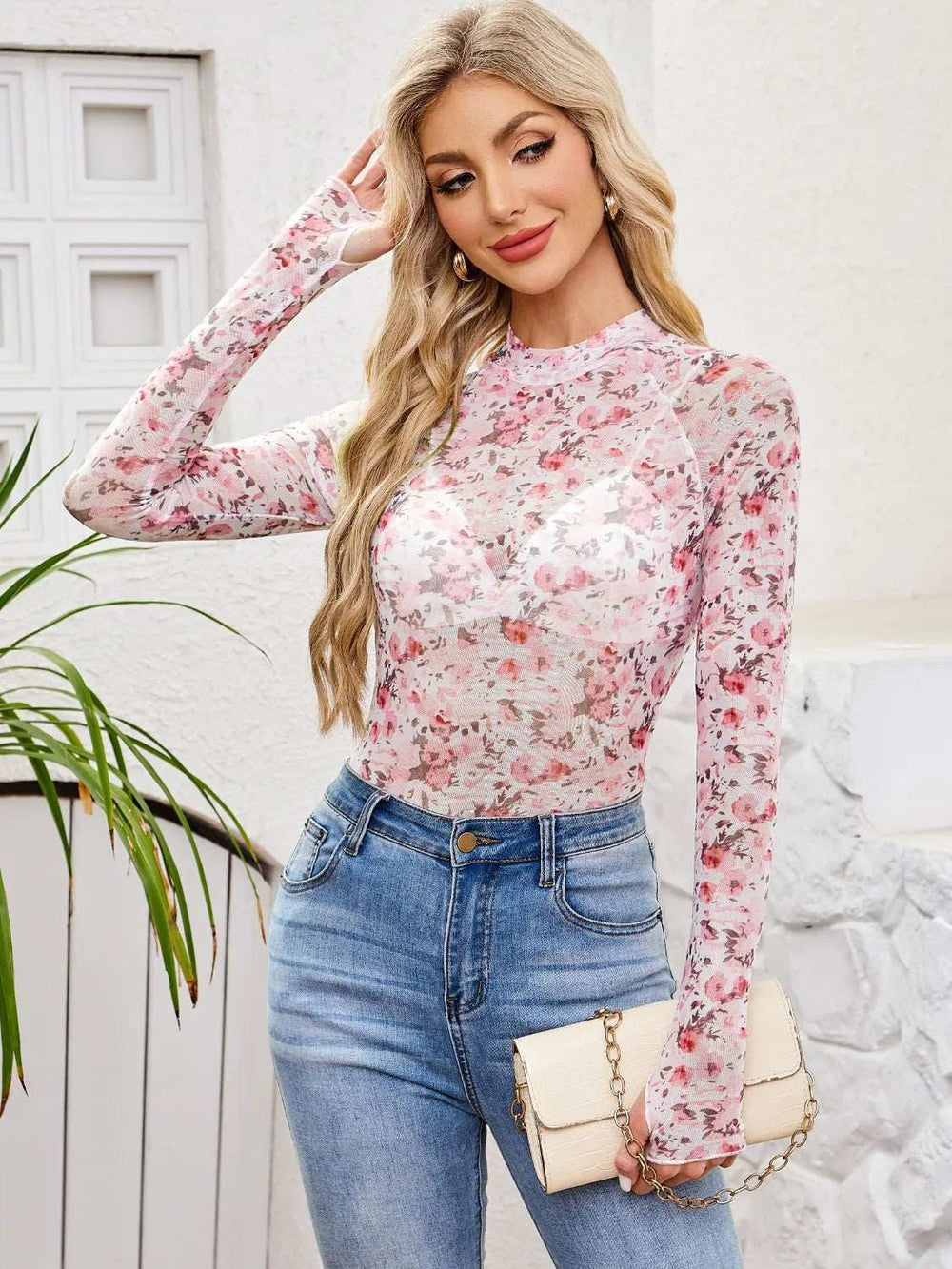 Floral Mock Neck Long Sleeve Top - Trendsi - Flyclothing LLC
