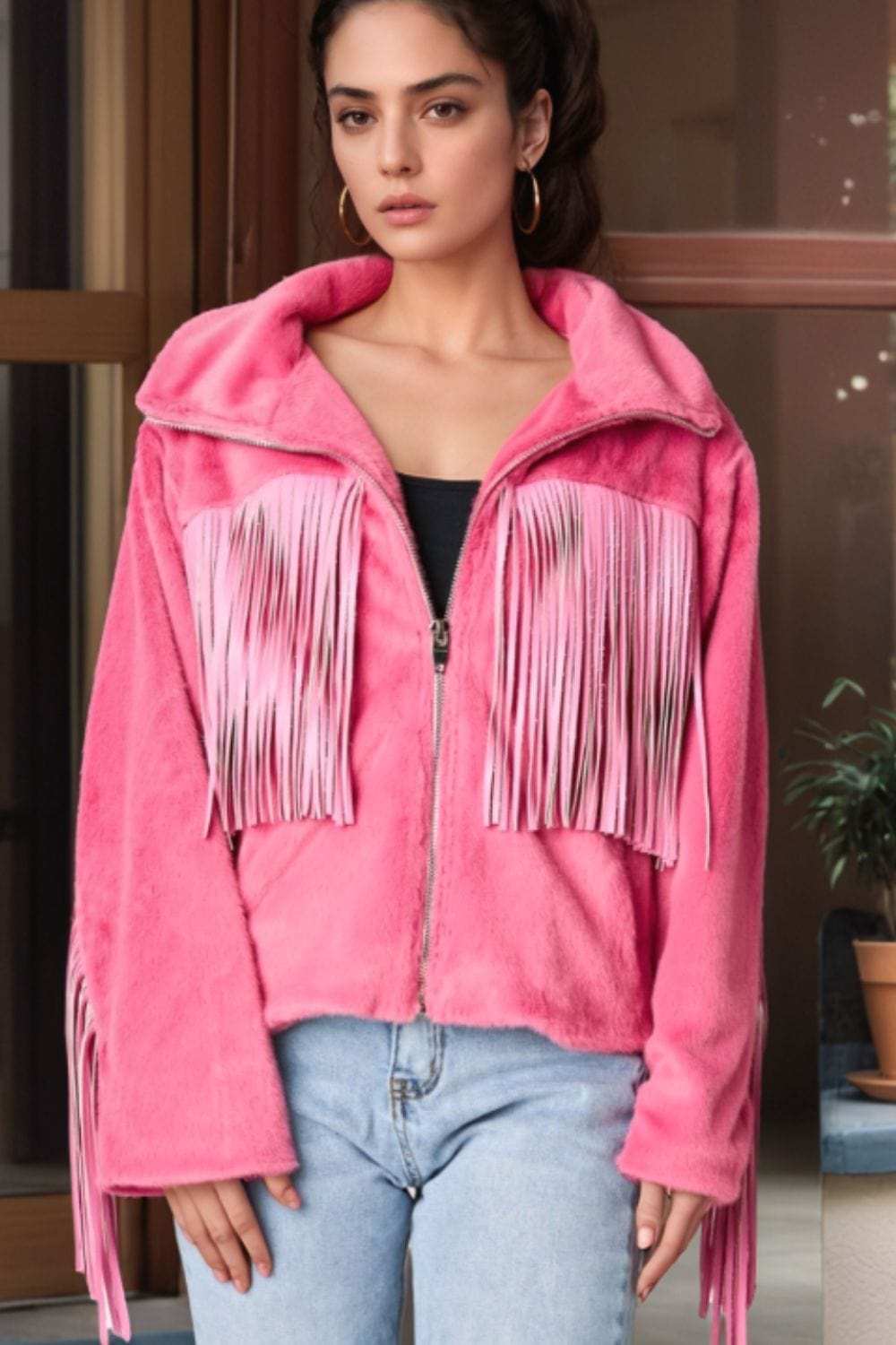 Fringed Zip Up Fleece Jacket - Trendsi - Flyclothing LLC
