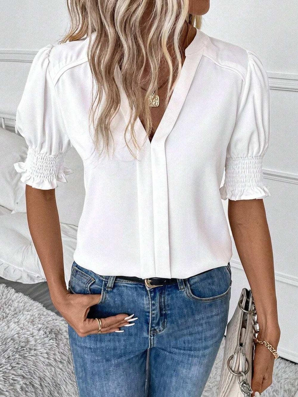 Notched Short Sleeve Blouse - Trendsi - Flyclothing LLC