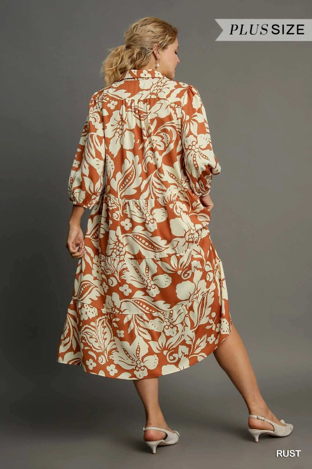 Umgee Full Size Floral Tiered Midi Shirt Dress Plus Size - Trendsi - Flyclothing LLC
