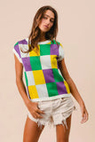 BiBi Mardi Gras Checker Pattern Sleeveless Sweater Top - Trendsi - Flyclothing LLC
