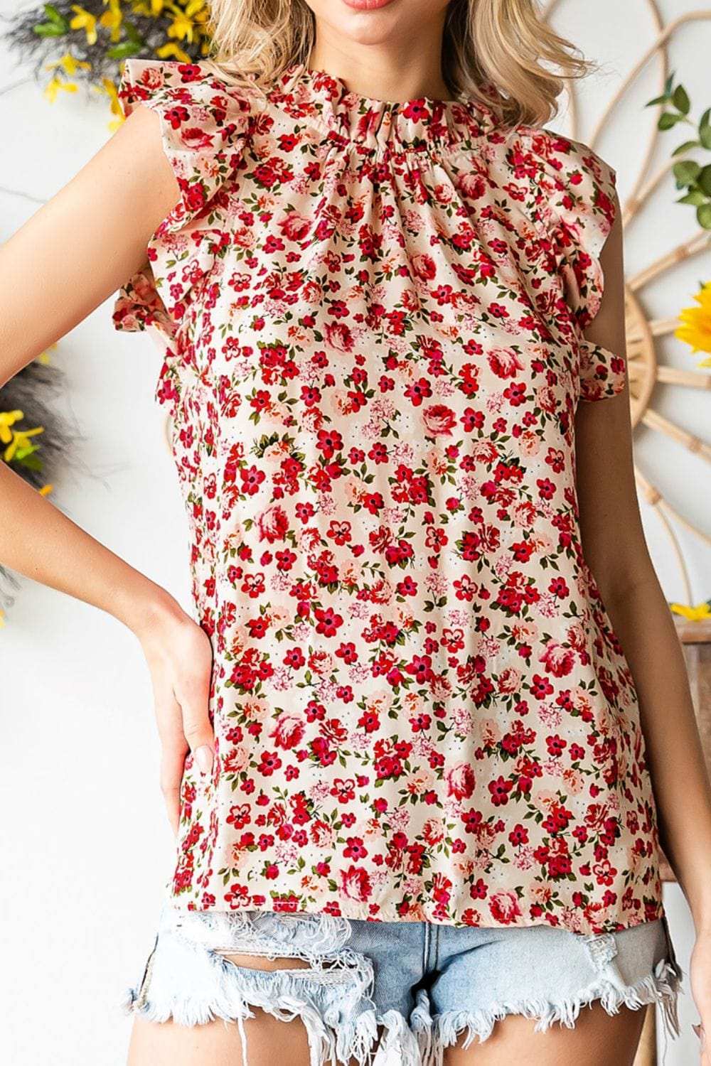 Ruffled Floral Round Neck Cap Sleeve Blouse - Trendsi - Flyclothing LLC
