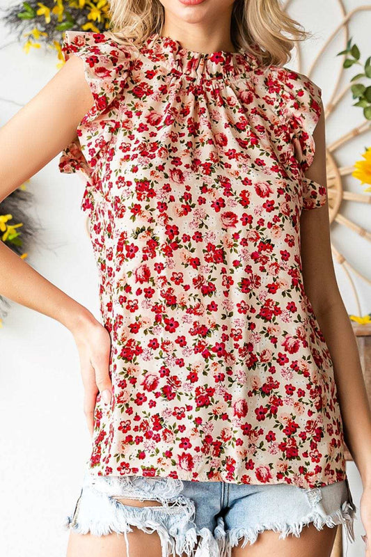 Ruffled Floral Round Neck Cap Sleeve Blouse - Trendsi - Flyclothing LLC
