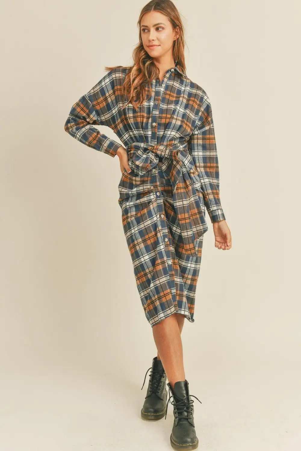 Mable Plaid Flannel Front Tie Button Down Shirt Dress - Trendsi - Flyclothing LLC