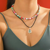 Colorful Double Layered Necklace with Christmas Tree Pendant - Trendsi - Flyclothing LLC