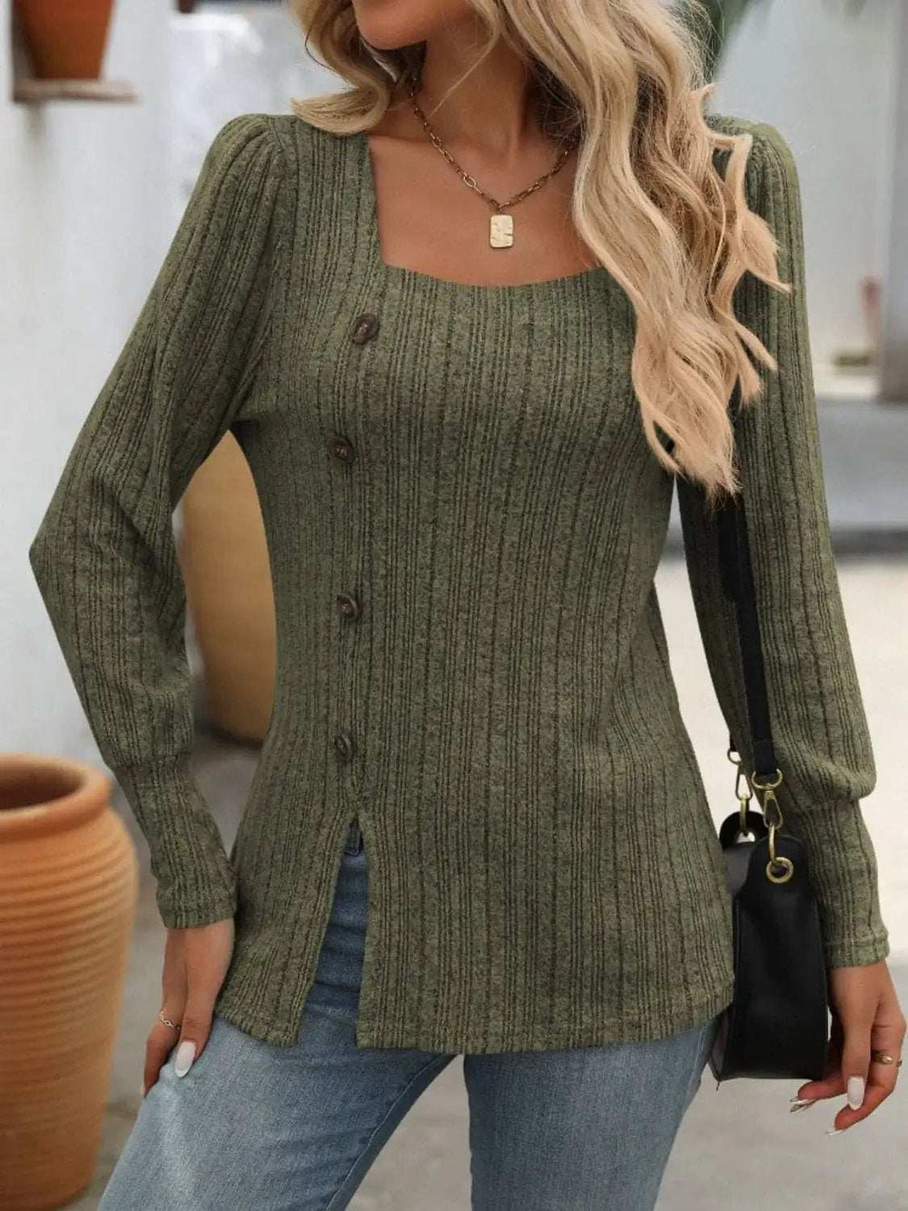 Decorative Button Striped Square Neck Long Sleeve T-Shirt - Trendsi - Flyclothing LLC