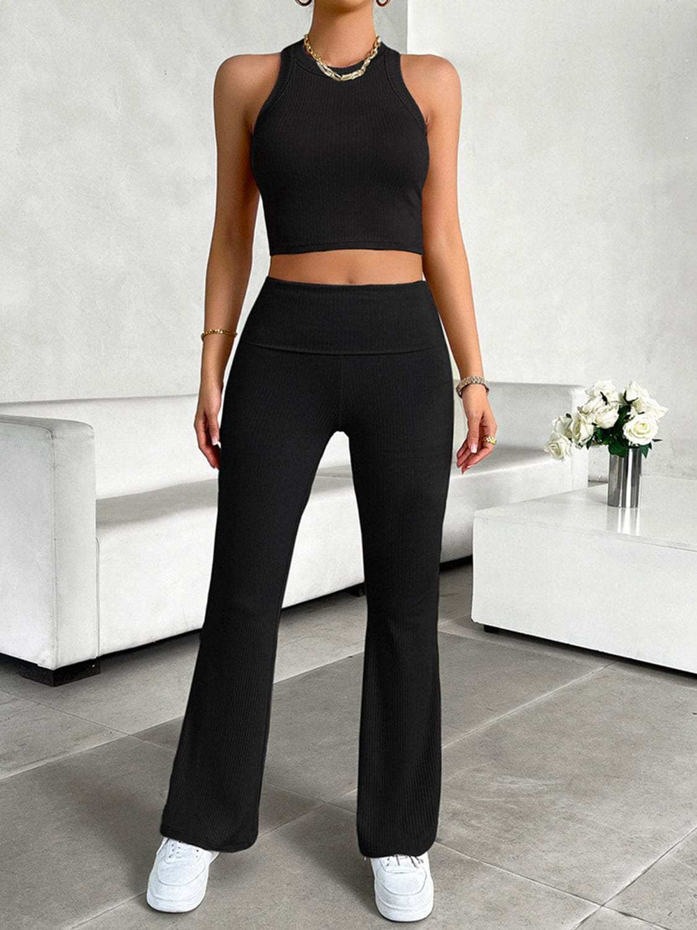 Ribbed Round Neck Tank and Pants Set - Trendsi - Flyclothing LLC