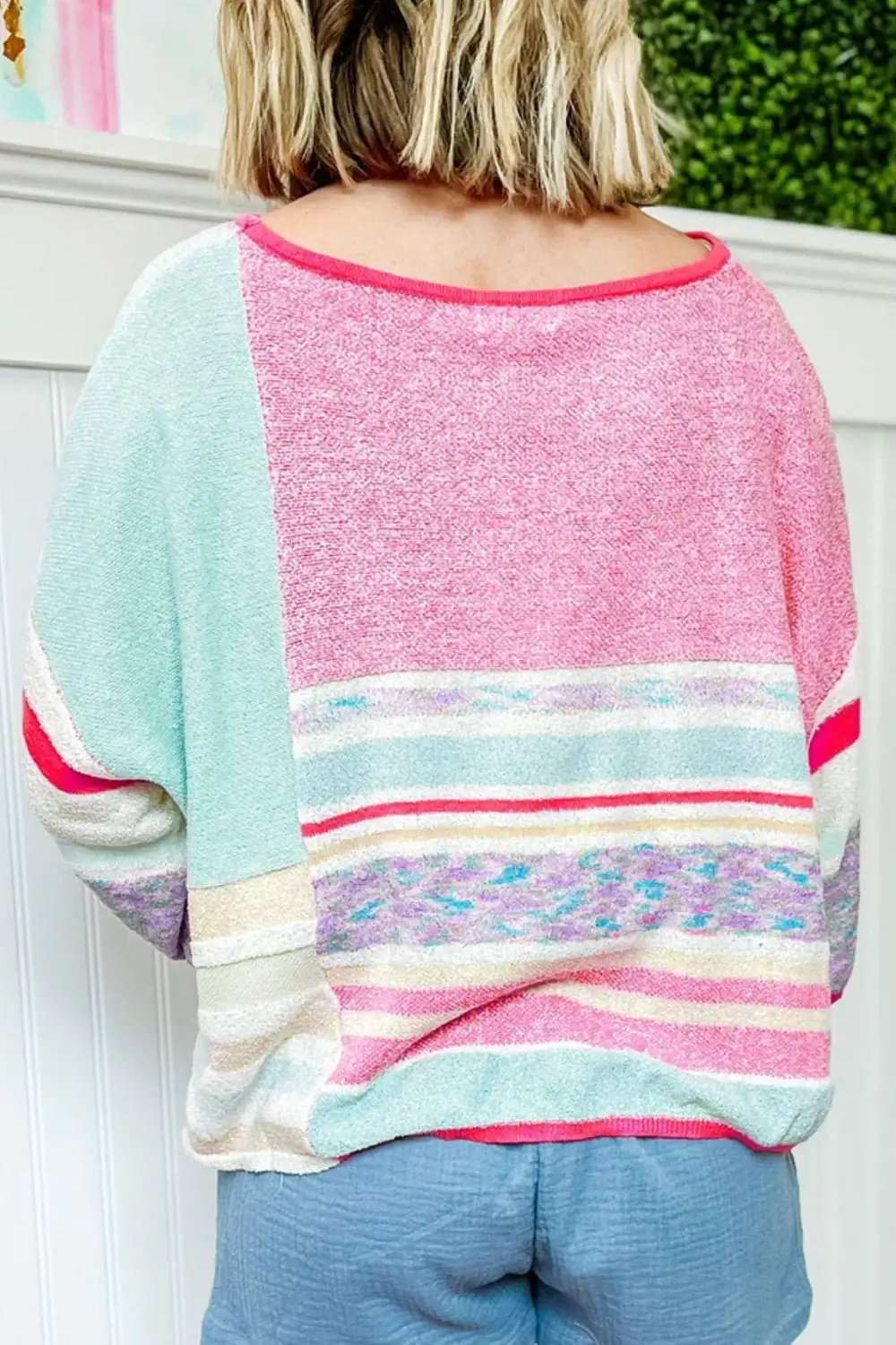 Contrast Round Neck Three-Quarter Sleeve Knit Top - Trendsi - Flyclothing LLC