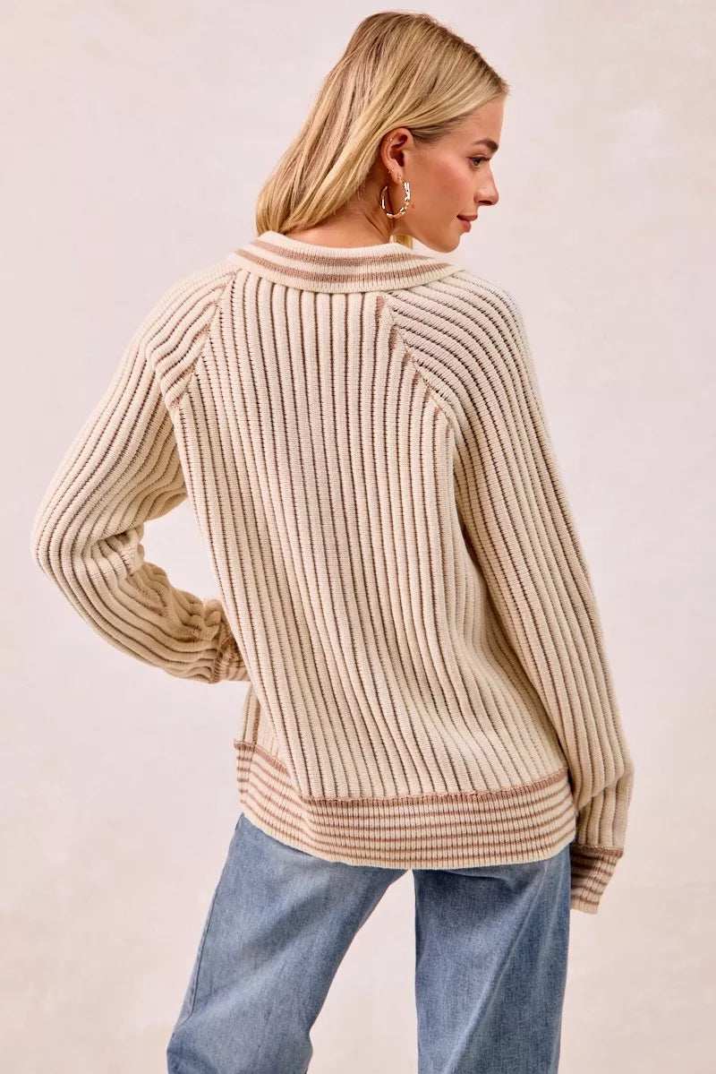BiBi Half Button Ribbed Two Tone Sweater - Trendsi - Flyclothing LLC