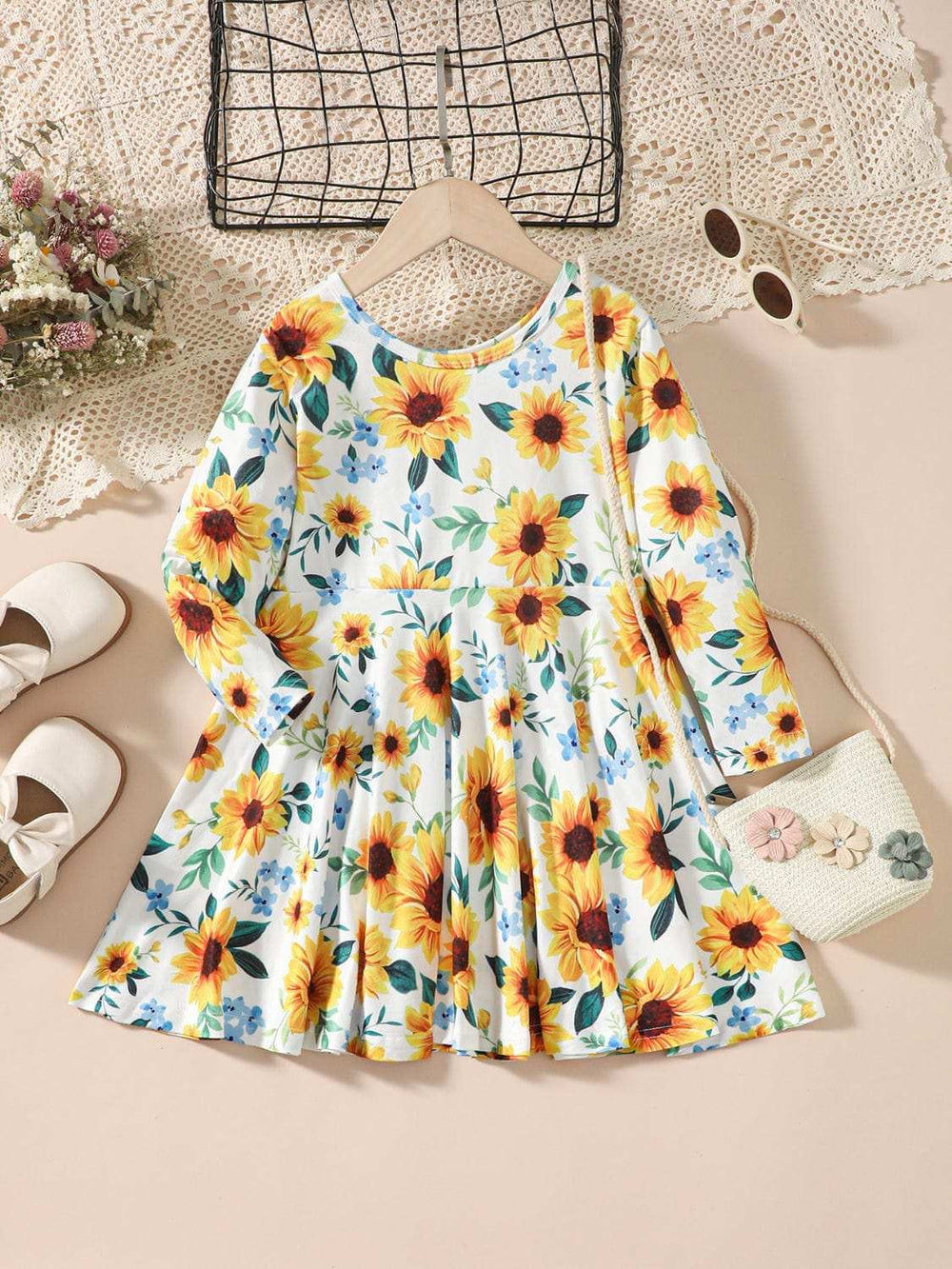 Kids Sunflower Print Round Neck Long Sleeve Dress - Trendsi - Flyclothing LLC