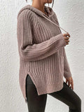 High-Low Side Slit Drawstring Long Sleeve Hooded Sweater - Trendsi - Flyclothing LLC