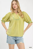 Umgee Scalloped Trim Blouse with Puff Sleeves - Trendsi - Flyclothing LLC