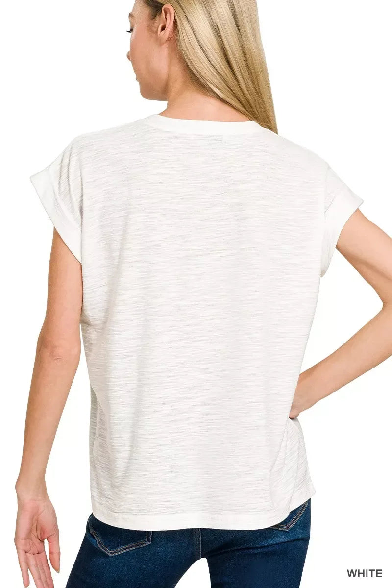 Zenana Slub Cuffed Sleeve Tee - Trendsi - Flyclothing LLC