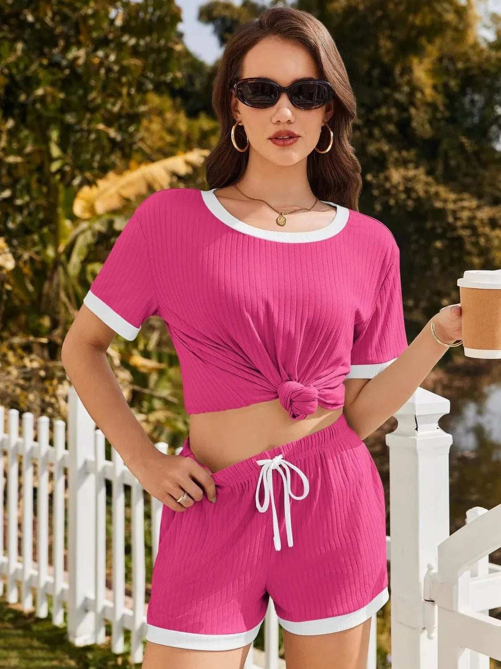 Ribbed Round Neck Top and Shorts Set - Trendsi - Flyclothing LLC