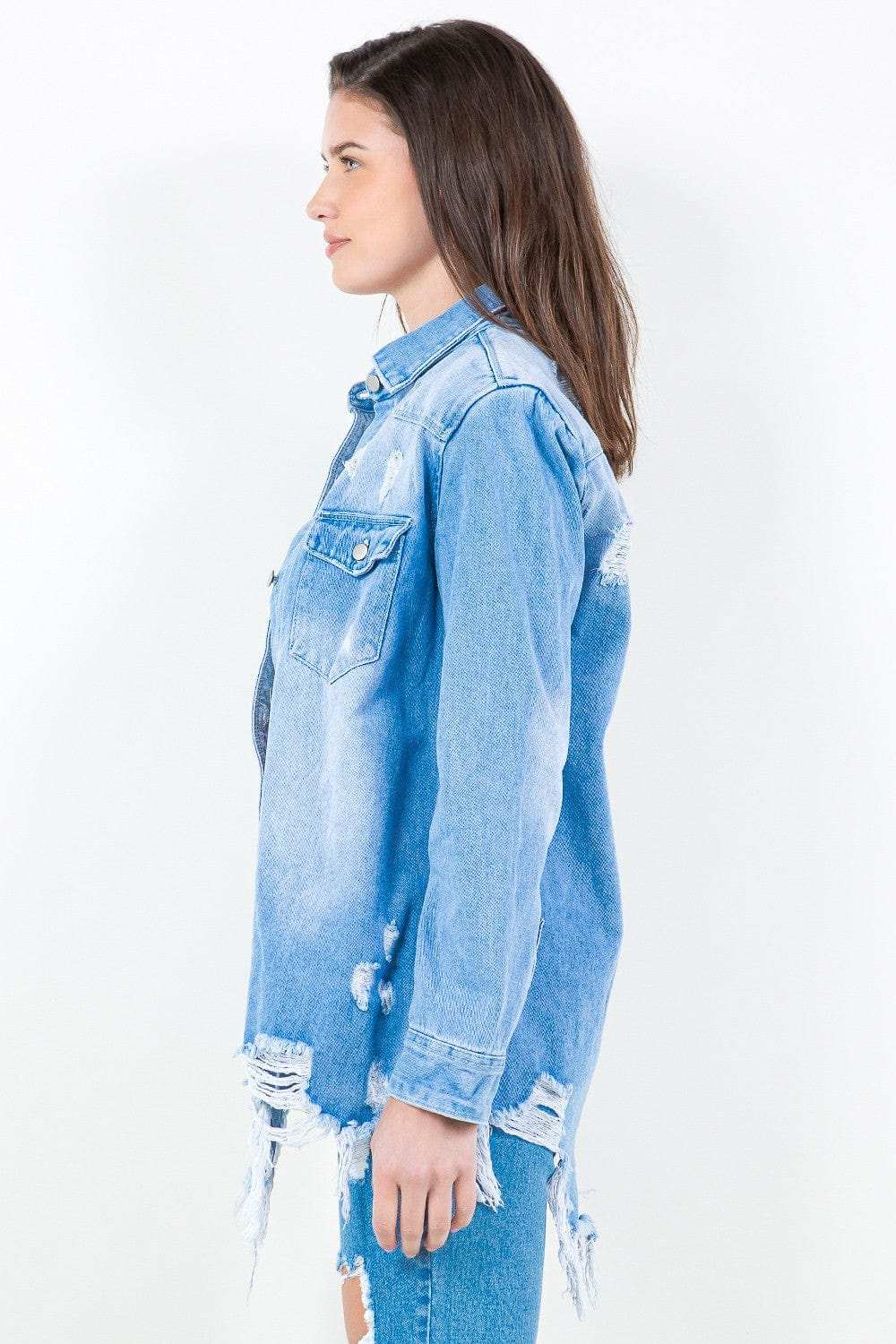 American Bazi Frayed Hem Distressed Denim Shirt Jacket - Trendsi - Flyclothing LLC
