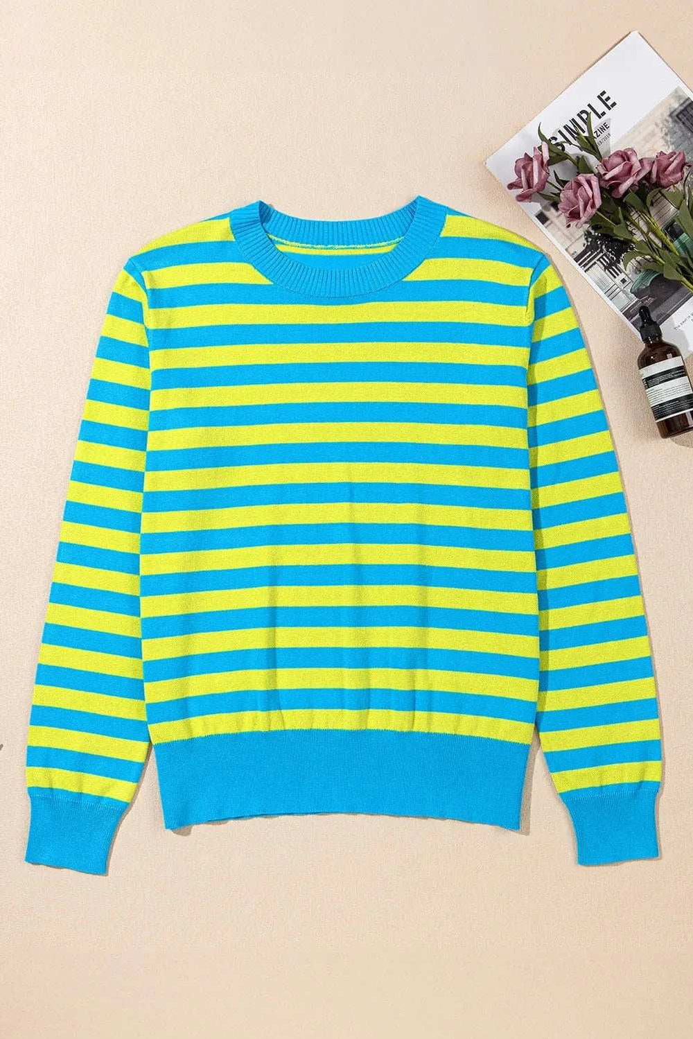 Striped Round Neck Long Sleeve Sweater - Trendsi - Flyclothing LLC