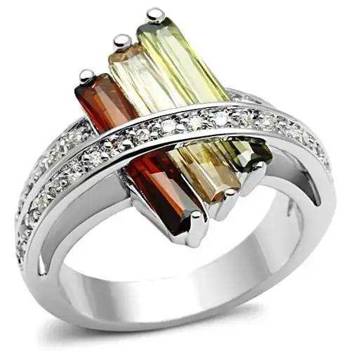 3W025 - Rhodium Brass Ring with AAA Grade CZ in Multi Color - Alamode - Flyclothing LLC