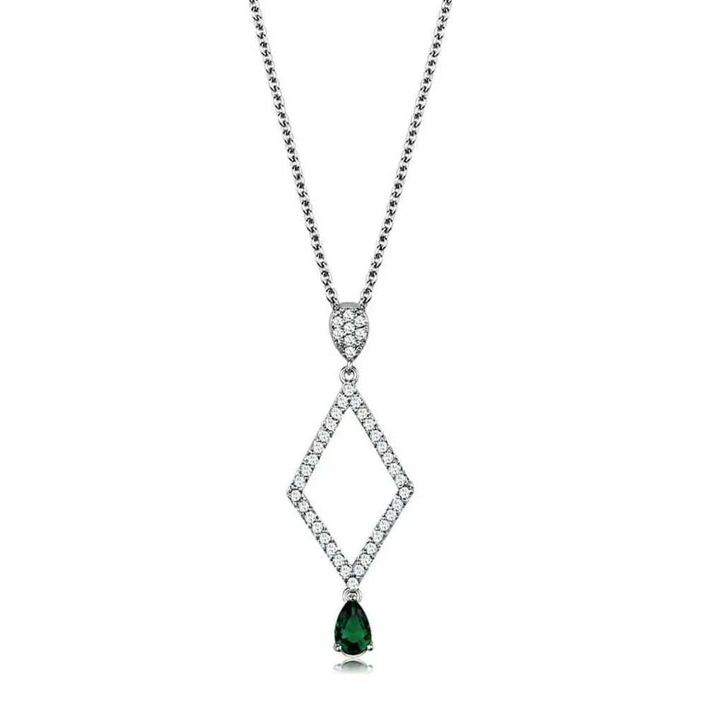 3W1026 - Rhodium Brass Chain Pendant with Synthetic Synthetic Glass in Emerald - Alamode - Flyclothing LLC