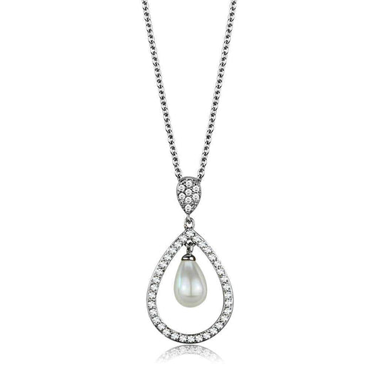 3W1031 - Rhodium Brass Chain Pendant with Synthetic Pearl in White - Alamode - Flyclothing LLC