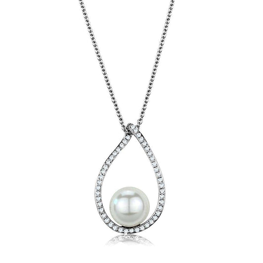 3W1036 - Rhodium Brass Chain Pendant with Synthetic Pearl in White - Alamode - Flyclothing LLC