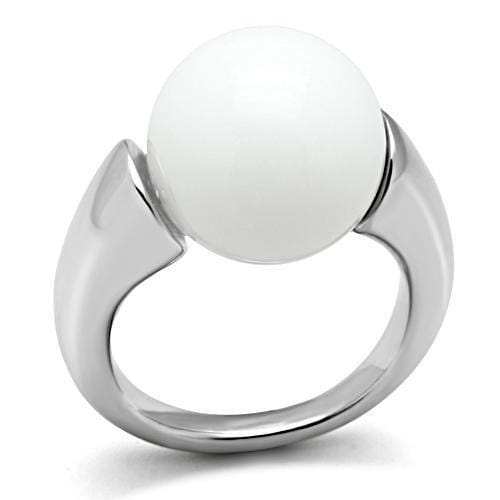 3W106 - Rhodium Brass Ring with Synthetic Glass Bead in White - Alamode - Flyclothing LLC