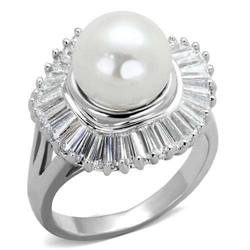 3W1073 - Rhodium Brass Ring with Synthetic Pearl in White - Alamode - Flyclothing LLC