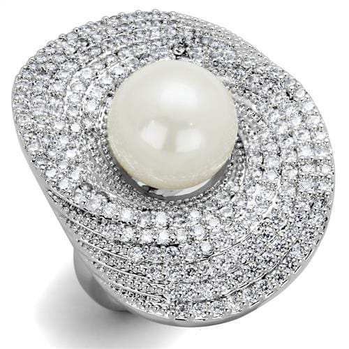 3W1082 - Rhodium Brass Ring with Synthetic Pearl in White - Alamode - Flyclothing LLC