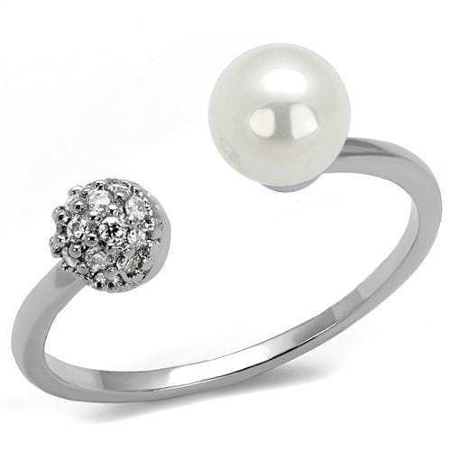 3W1230 - Rhodium Brass Ring with Synthetic Pearl in White - Alamode - Flyclothing LLC