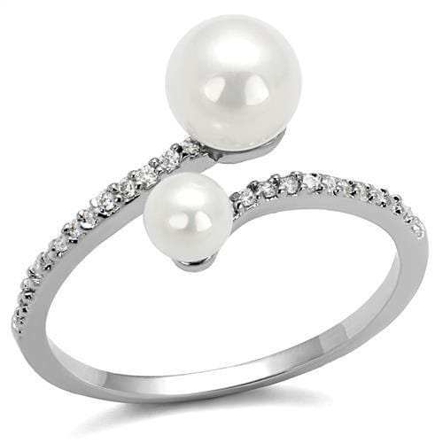 3W1236 - Rhodium Brass Ring with Synthetic Pearl in White - Alamode - Flyclothing LLC
