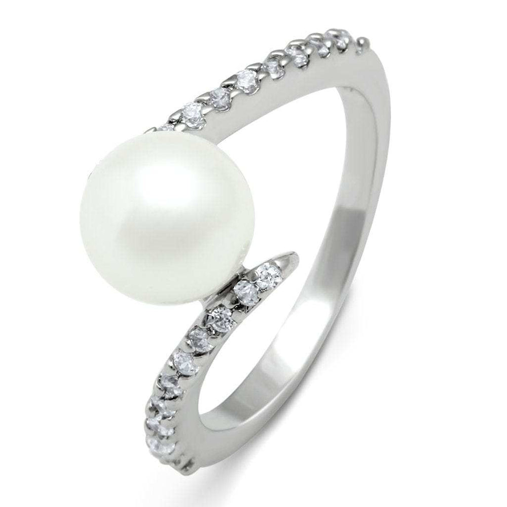 3W126 - Rhodium Brass Ring with Synthetic Pearl in White - Alamode - Flyclothing LLC