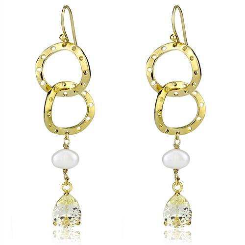 3W1312 - Gold Brass Earrings with Semi-Precious Pearl in White - Alamode - Flyclothing LLC
