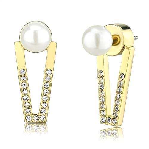 3W1315 - Gold Brass Earrings with Synthetic Pearl in White - Alamode - Flyclothing LLC