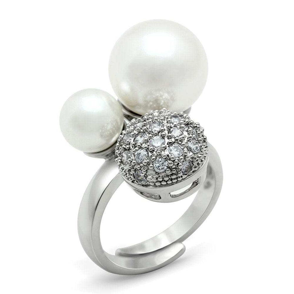 3W137 - Rhodium Brass Ring with Synthetic Pearl in White - Alamode - Flyclothing LLC